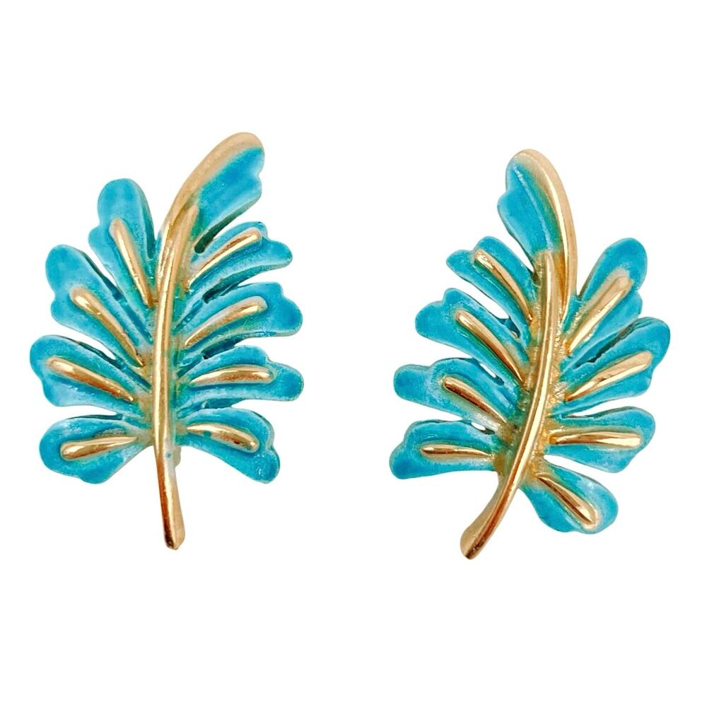 VTG Signed Coro Blue Enamel Gold Tone Leaf Clip-On Earrings 1950s 1960s Jewelry